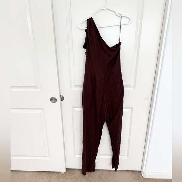 Happy Nature Linen Viscose One Shoulder Bow Tie Jumpsuit Brown 6 - Picture 3 of 6